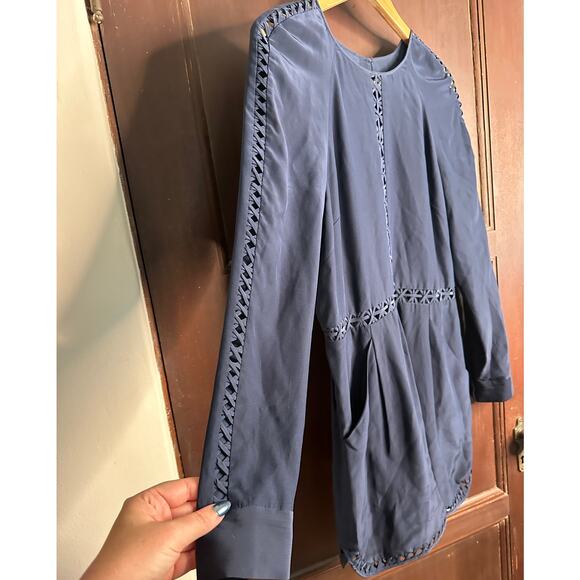 JONATHAN SIMKHAI | Silk Navy Blue Crossbar Romper Jumpsuit | Size Medium - Picture 6 of 10